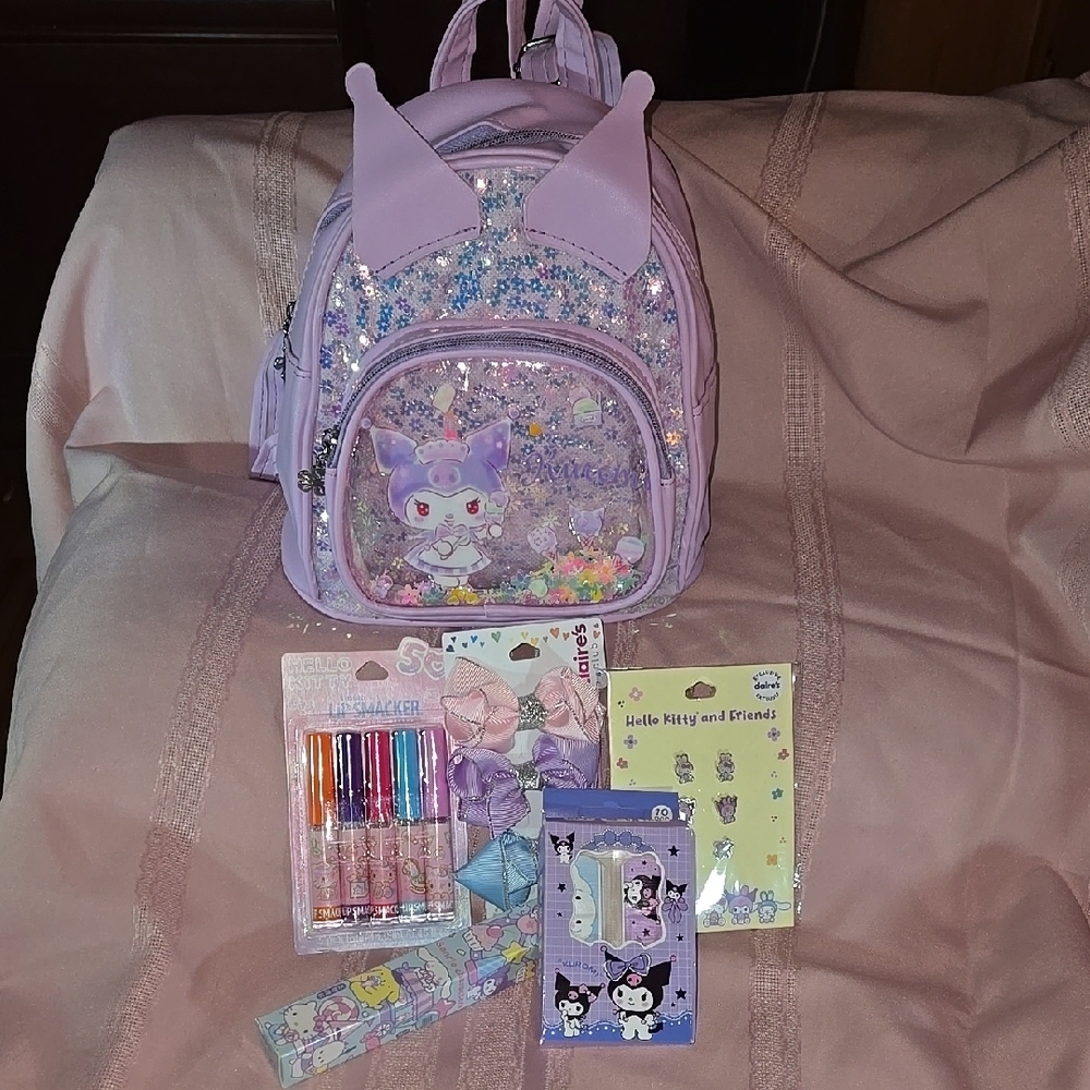 Kawaii Lavender Kuromi Backpack with Accessories